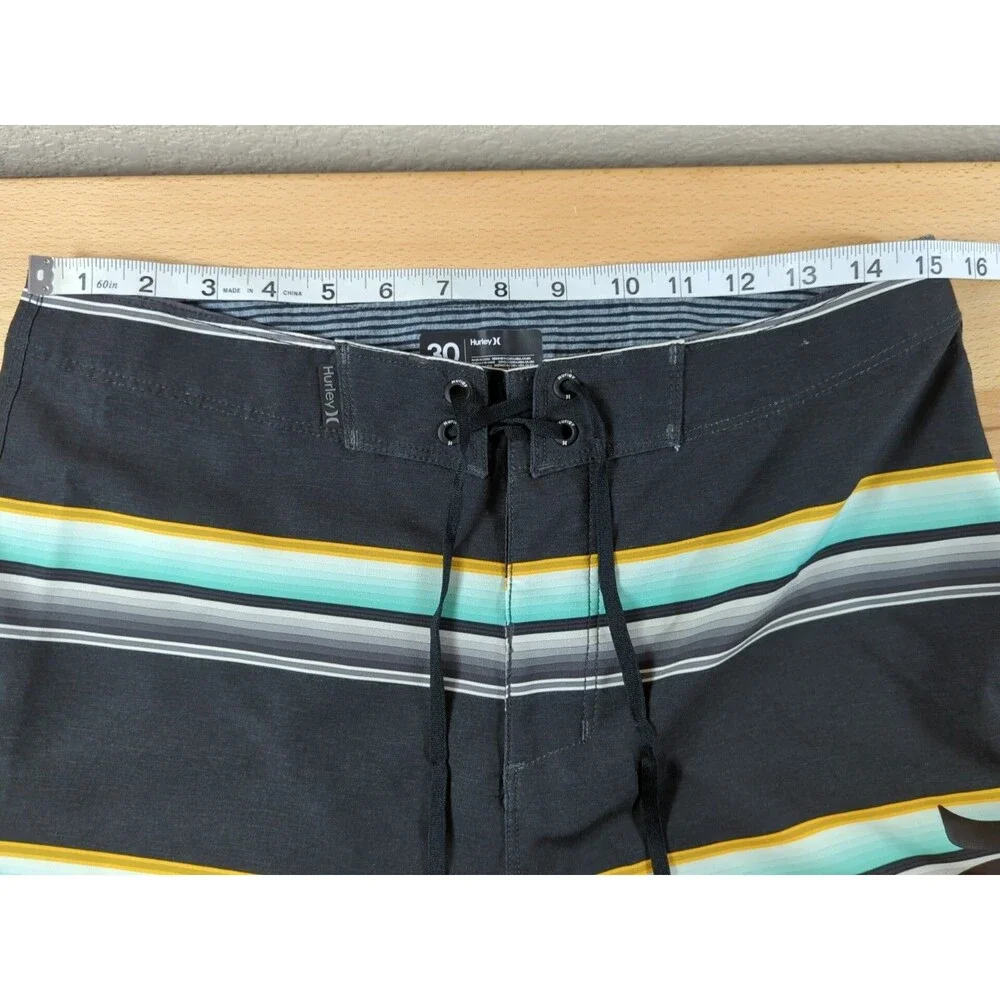 Hurley Mens Board Shorts Size 30 Swim Trunks Black Green Gold Stripe Pocket